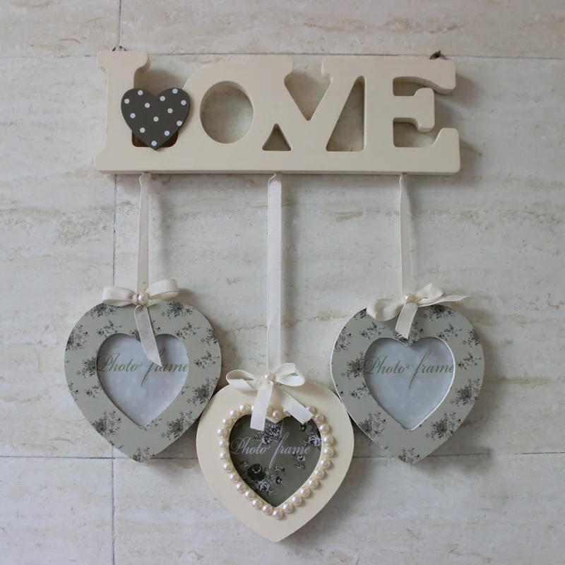 

LOVE Theme Heavy Duty Wooden Creative Modern Photo Wall with 3 Heart Frames Pearl Bow Tie Photo Frame Wooden Combination Frame