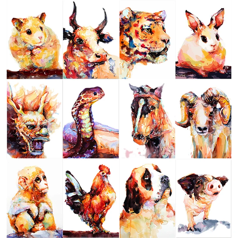 Chinese zodiac Animal Abstract watercolor acrylic Diy digital oil