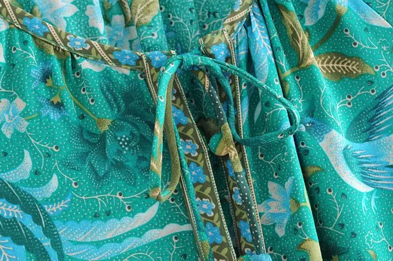 Everkaki винтажное женское платье с цветочным принтом и птицами, с расклешенными рукавами, богемное вискозное Хлопковое платье макси, женское платье с v-образным вырезом, на шнуровке, с оборками, vestidos