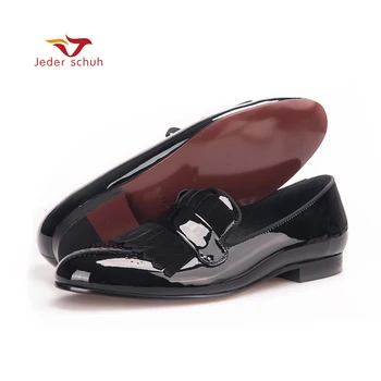 

Men shoes Handmade Men Black Patent Leather shoes with Classical Brogue Printing and Suede Fringe Party men loafers