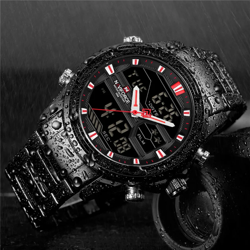 NAVIFORCE часы Мужские лучший бренд класса люкс нержавеющая сталь спортивные водонепроницаемые мужские часы Цифровые кварцевые военные мужские наручные часы 9138