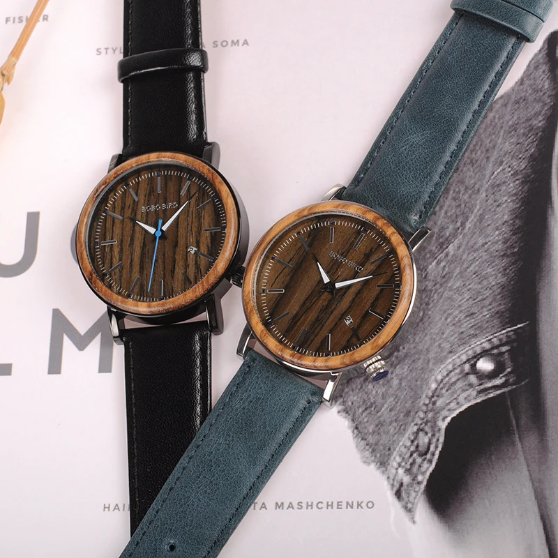 BOBO BIRD Date Display Men Watch Antique Steel Case Wooden Bezel Dress Watch with Soft Leather in Wood Gift Box