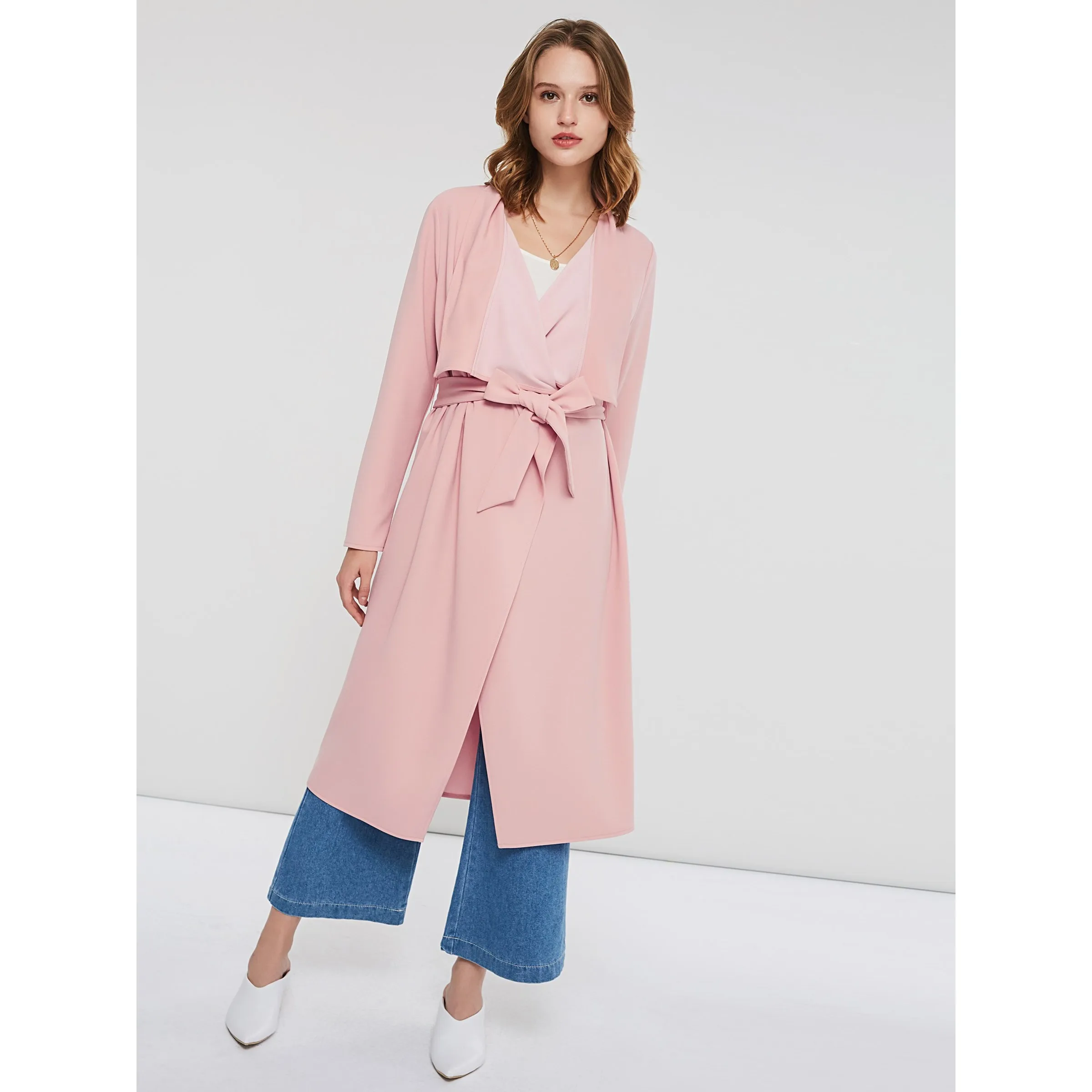 Women Long Overcoats Winter Elegant Sweet Pink Loose Lapel Plain Belt