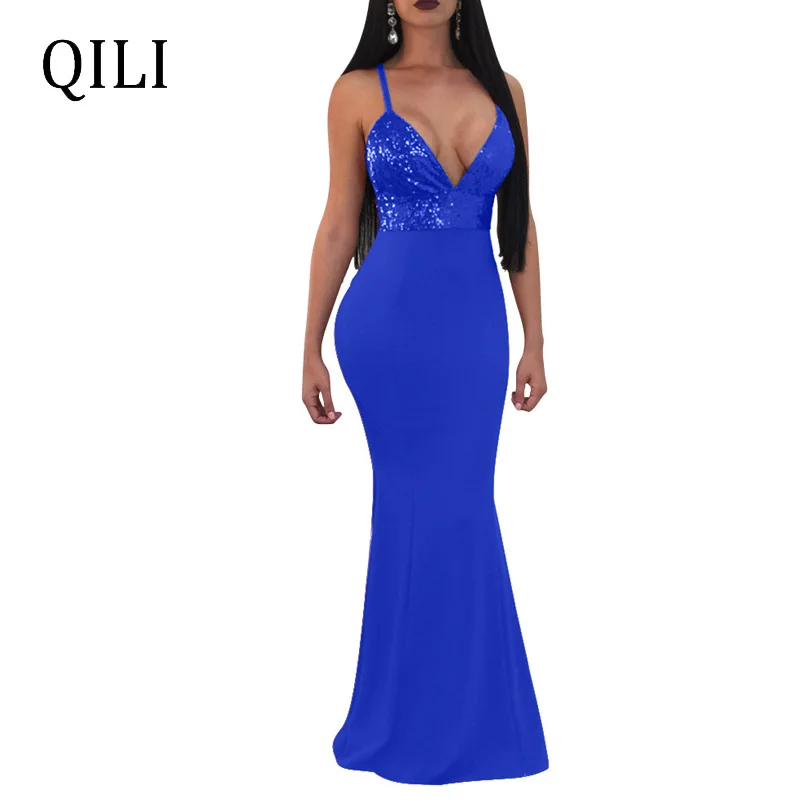 

QILI Women Sequin Long Maxi Trumpet Mermaid Dress Spaghetti Strap V neck Bodycon Dress Evening Party Dress Black Blue