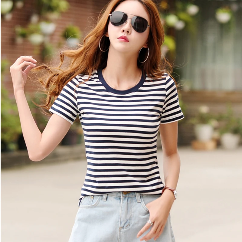 

T-shirt 2018 Summer Casual T-shirts Short Sleeve Women Tee Top Female Shirts O-Neck Striped shirt Tops Fashion Women 3 colors