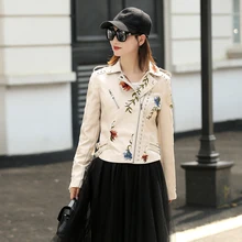 Искусственная куртка Верхняя одежда для женщин искусственная кожа вышивка мотоцикл черный Куртка панка пальто заклепки на молни