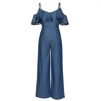 

Women Causal Jumpsuit Long Ruffle Summer Loose Ruffle Strap Overall Elegant Sexy Holiday Bowknot Blue Denim Jeans Jumpsuit