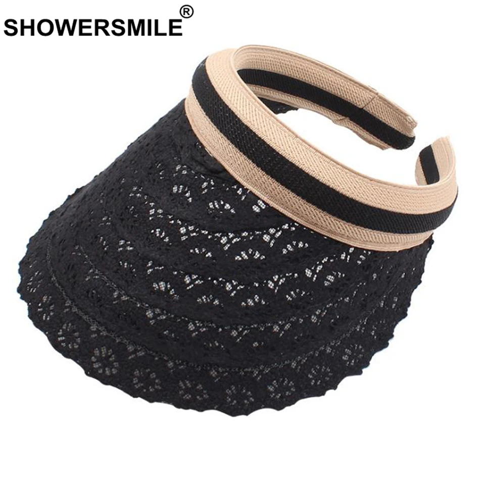 

SHOWERSMILE Women Sun Visor Lace Large Brim 12cm Summer Beach Caps Female Elegant Black Fresh Stripe UV Protection Ladies Visors