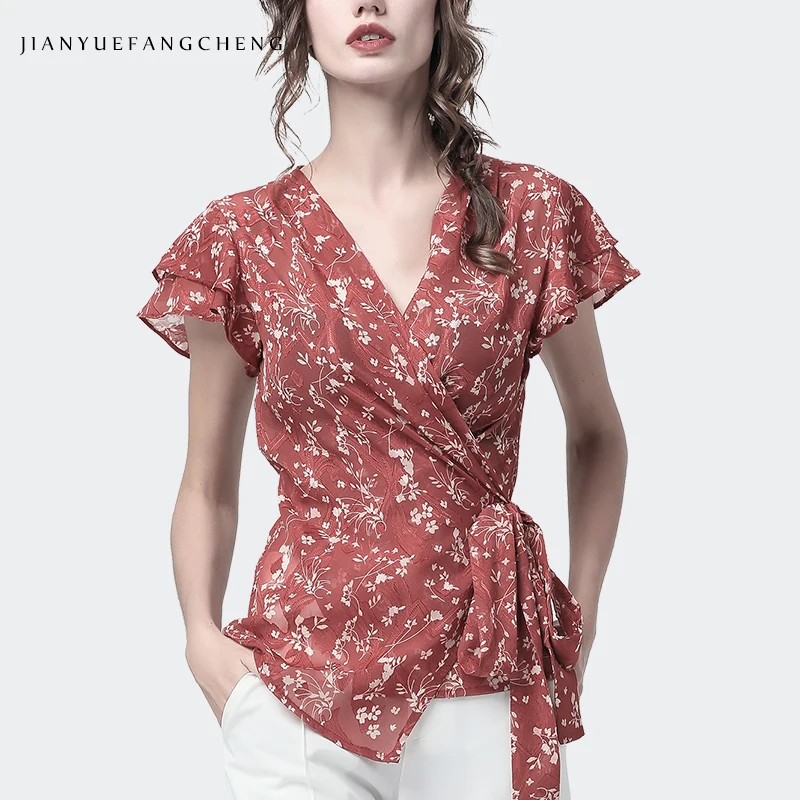 

Women Tops Floral Printed Chiffon Summer Blouse Short Sleeve V-Neck Sashes Tie Up Elegant Slim Red Casual Vintage Blouses