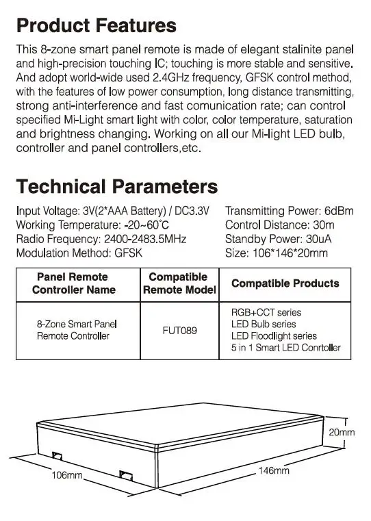 2,4G беспроводной FUT089 пульт дистанционного управления 8 зон RF Диммер B8 Сенсорная панель настенный LS2 5 в 1 светодиодный контроллер для RGB+ CCT светодиодный светильник