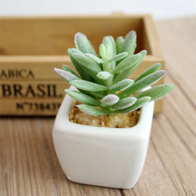 Flone White Small Square Spring Flocking Succulent Plant Bonsai Artificial Plant Bonsai Home Party Office Decor Floral Art (6)