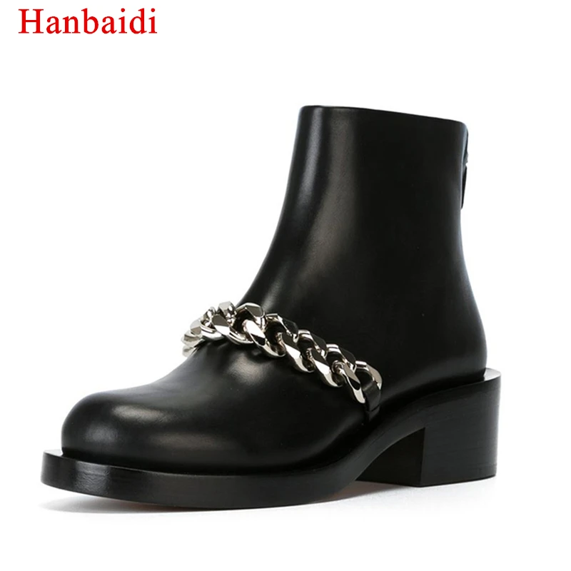 

Hanbaidi Real Leather Ankle Boots Women Round Toe Back Chain Knight Boots Woman Flats Fashion Street style Women Winter Shoes