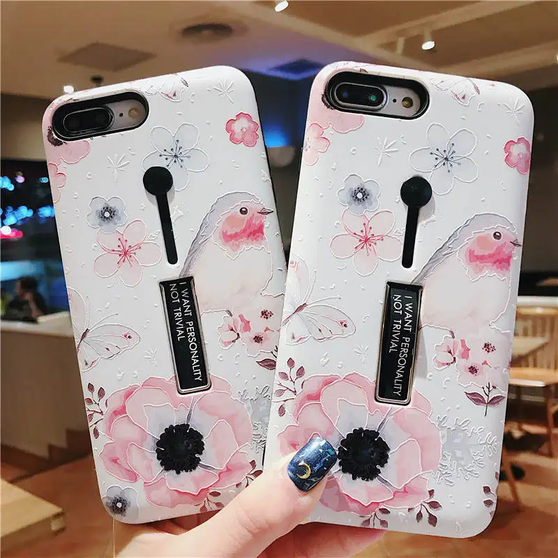 3D Relief Cute Bird Pattern Hide Stand Case for Apple iPhone X XS XR Finger Ring TPU Back Cover 6 6S 7 8 Plus Max | Мобильные