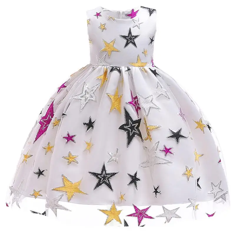 Коллекция года, летнее милое нарядное платье для девочек платье принцессы с принтом со звездой, костюм Детские платья для девочек, детское Сетчатое свадебное платье, 10 лет - Цвет: White