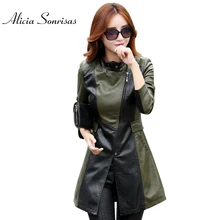 Длинная кожаная женская куртка размера плюс, новинка, Весенняя Корейская тонкая куртка с длинным рукавом, армейский зеленый пэчворк KF6608