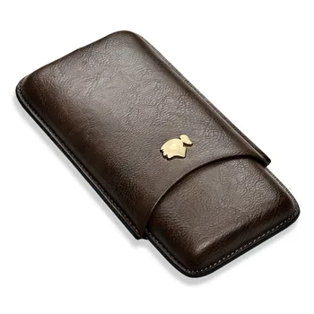 

High-end Solid Color Gadget Excellent Brown Leather Portable 3 Holder Cigar Case Cigar Tube W/ Black Gift Box