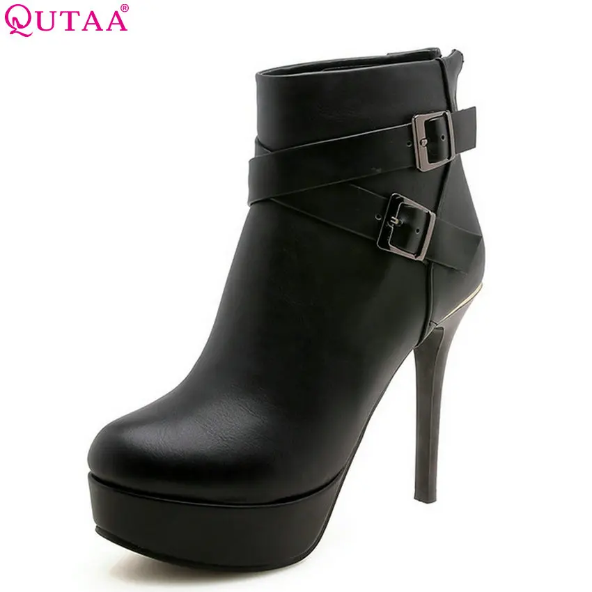 

QUTAA 2019 Women Ankle Boots Thin High Heel Platform Sexy Winter Shoes Pu Leather All Match Women Motorcycle Boots Size 34-42
