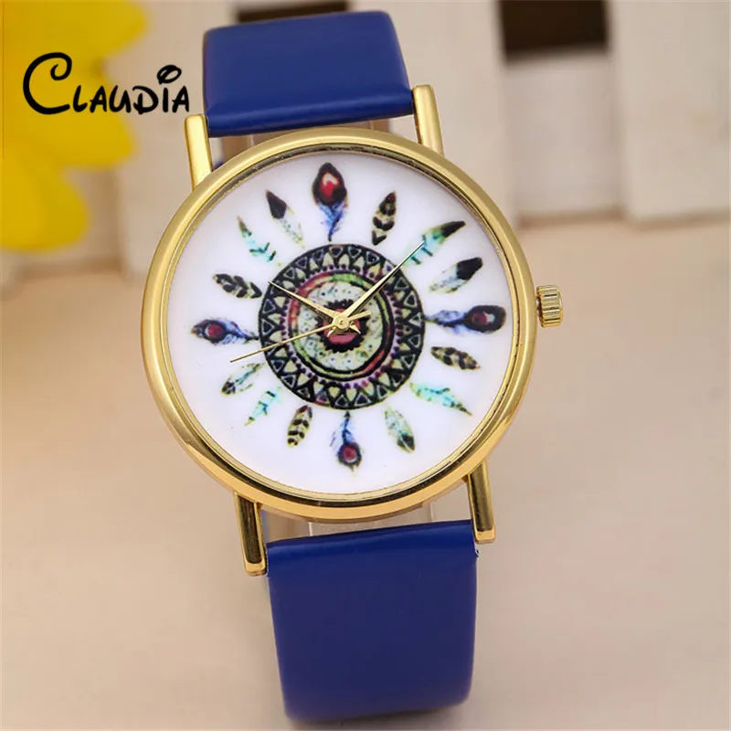 CLAUDIA New Fashion Women Fashion Vintage Feather Dial Leather Band Quartz Analog Wrist font b Watches