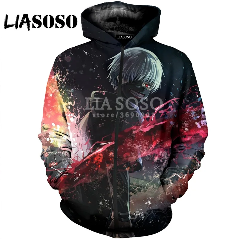 

LIASOSO 2018 New 3D Print Women Men Anime Tokyo Ghoul Hooded pull over Hoodies Sweatshirts Zipper Jacket Harajuku Hip Hop X0617