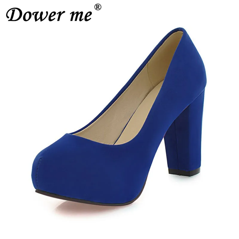 

New 2018 Fashion Shallow Thick High Heels Round Toe High Heels Platform Pumps Shoes Sexy Buckle Strap Pumps Hot Sale blue