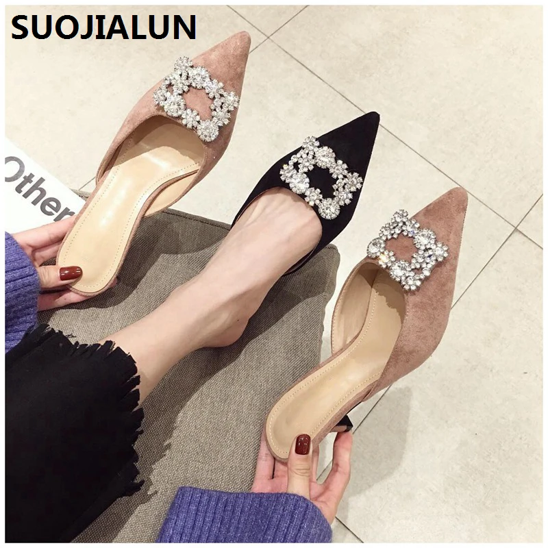 SUOJIALUN/2019 г. Весна на среднем каблуке шлёпанцы сандалии для девочек Женская обувь