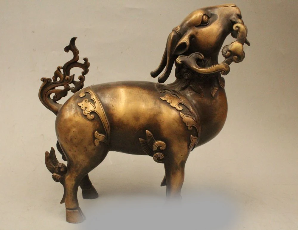 

9" China Chinese Folk Feng Shui Bronze Zodiac Year Sheep Ruyi Statue Sculpture