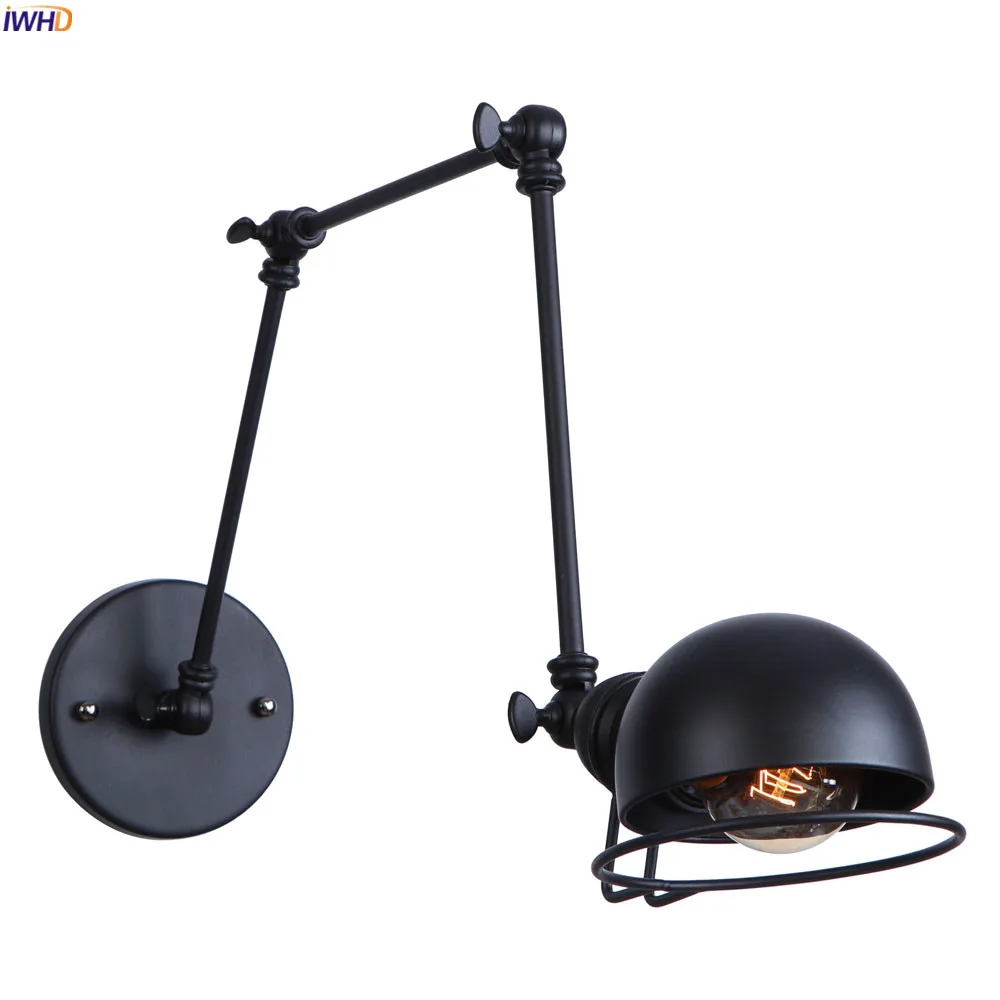 

IWHD Black Iron metal Vintage Wall Lamp Loft Bedroom Mirror Stair Loft Style Retro Long Arm Wall Light Fixtures Aplique Pared