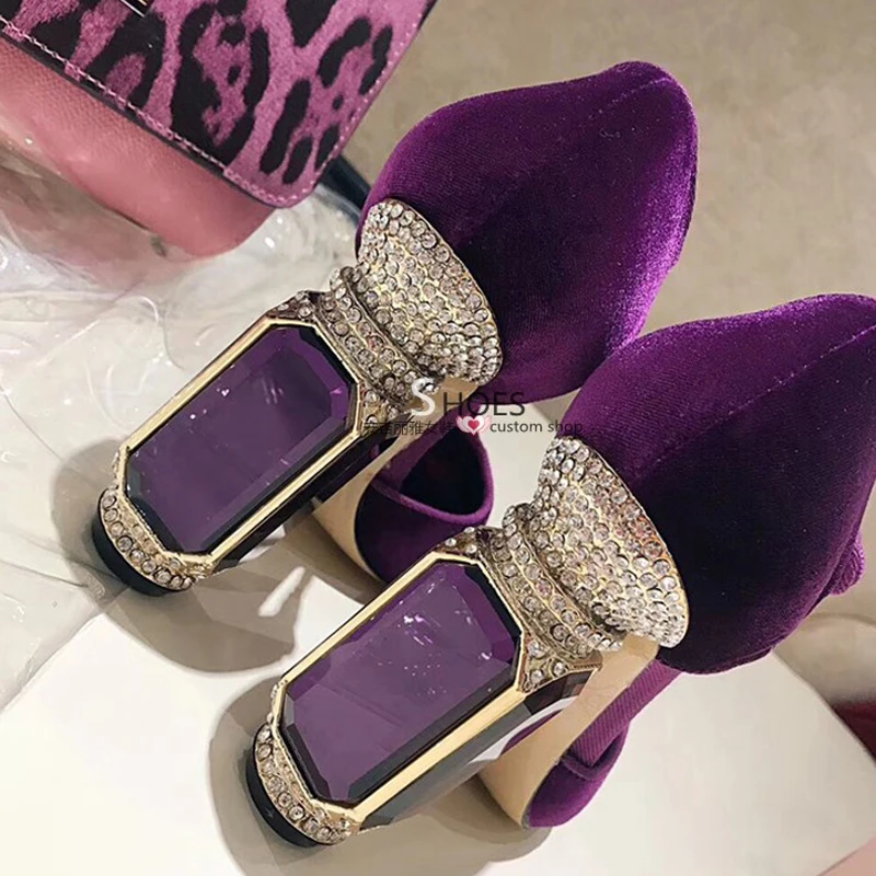 Luxe Noir De Rouge Talons Chaussures vert Vert Femme Bout Violet Sandales Parti À Noir Strass Diamant pourpre 2019 Femmes Cristal Rond Hauts rouge Velours RCqUwn51E