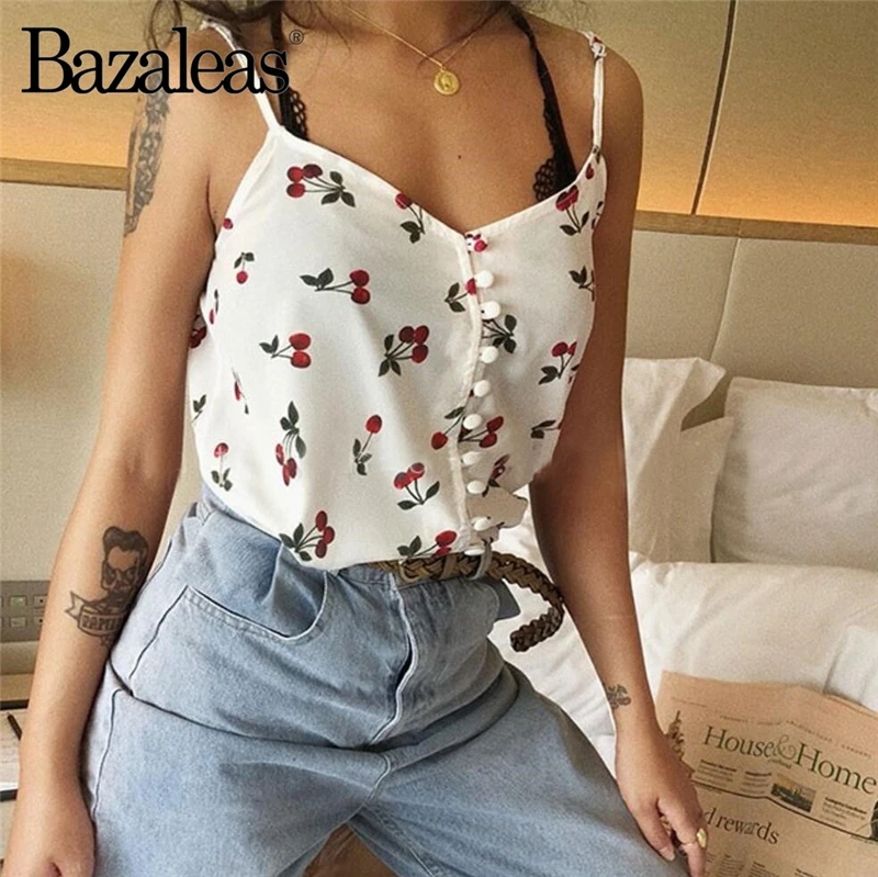 

Bazaleas Vintage Cherry Print Women Camis Center Buttons Sexy top women Fashion Women Tank Top Tops Casual Soft Cotton Tank