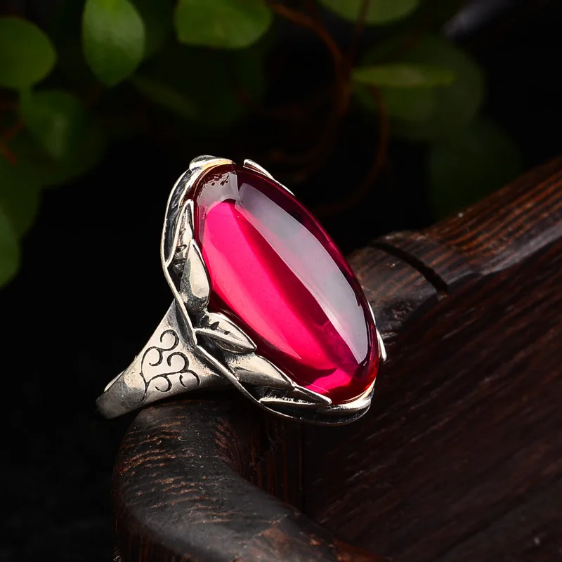 

925silver ring opening female red corundum, blue sandstone chalcedony restoring ancient ways ring new wholesale do old process