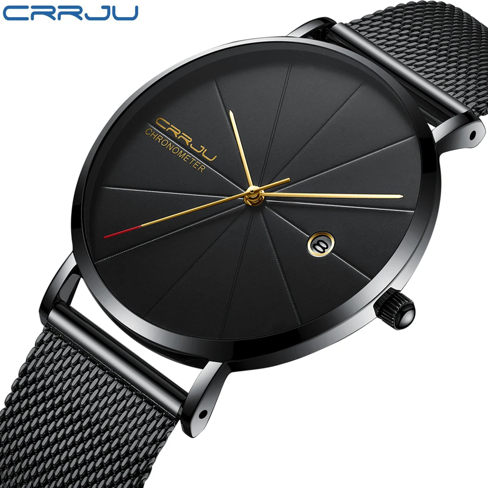 

Relogio Masculino CRRJU Watch Men Fashion Brand Men's Watches Quartz Ultra Thin Steel Mesh Strap Casual Sport Men Watch Black