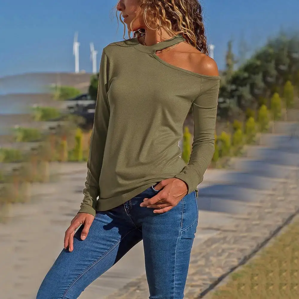 

Women Casual Solid Long Sleeve Off Shoulder Tops Blouse