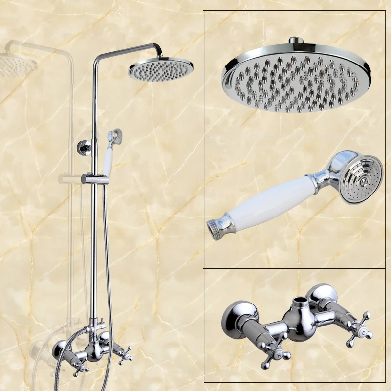

Polished Chrome Dual Cross Handles Bathroom Rainfall Shower Set Mixer Faucet 8" Rain Shower Head + Hand-Held Shower Head acy301