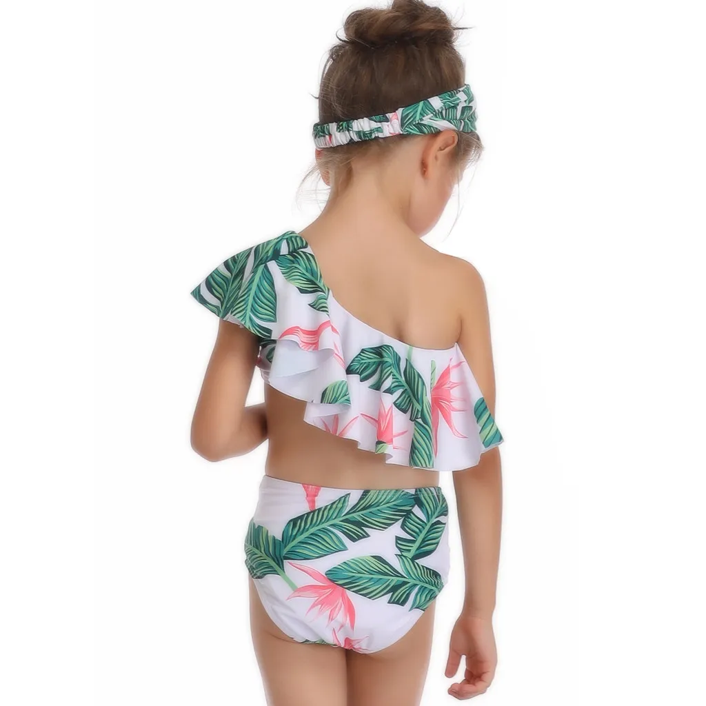 Летний детский купальный костюм для девочек из полиэстера; купальный костюм из двух предметов; пляжная одежда с открытыми плечами; K0314