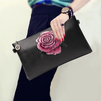 

Chinese Style Flower Pattern Soft Cowhide Leather Clutch Purse Women Fashion Zipper Solid Color Banquet Crossbody Shoulder Bags