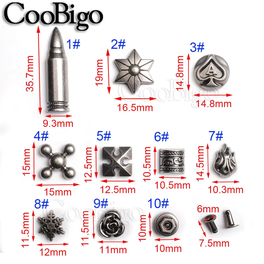 10 комплектов оловянные шпильки заклепочные шипы в стиле панк-рок для одежды сумка для обуви ошейник для домашних животных DIY Кожаные детали для рукоделия пламя Снежинка Роза