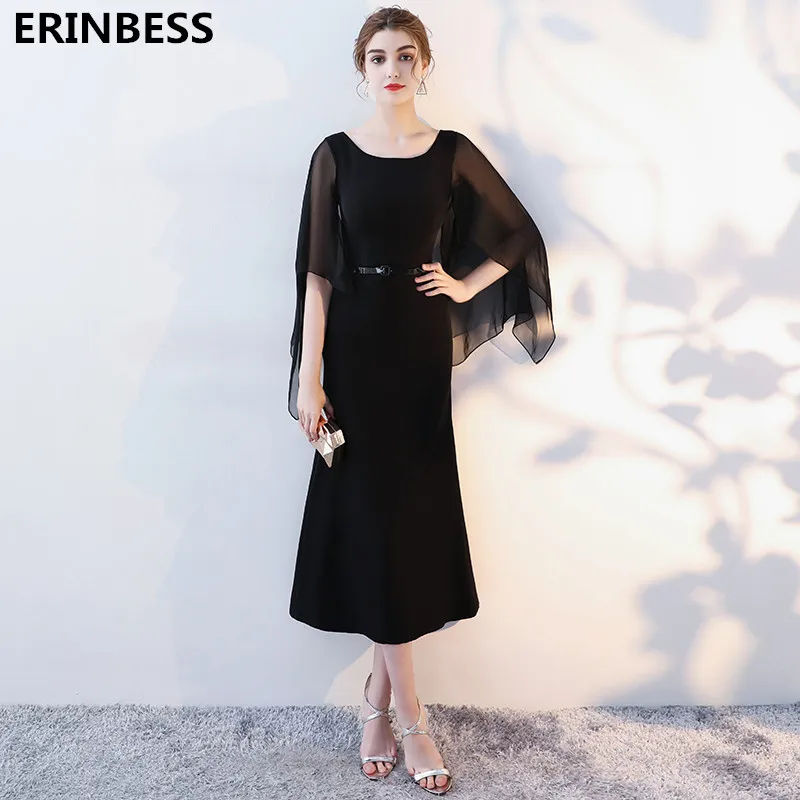 

Женское вечернее платье до середины икры, черное платье с круглым вырезом и рукавом до локтя, элегантное вечернее платье, 2019