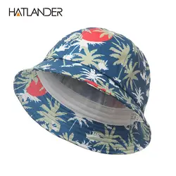 [Hatlander] осень 2017 г. кокосовой пальмы печати хлопок ведро шляпа Открытый Защита от солнца пляжная Кепки Рыбак Панама Спортивные шапки для Для