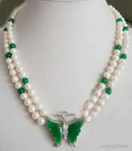 

2 Rows Genuine White Pearl Green GEM Crystal Butterfly Pendant Necklace White Plated Bridal wide watch wings queen
