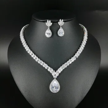 

2019 new fashion shinning crystal zircon water drop necklace earring set,wedding bride party banquet formal dressing jewelry