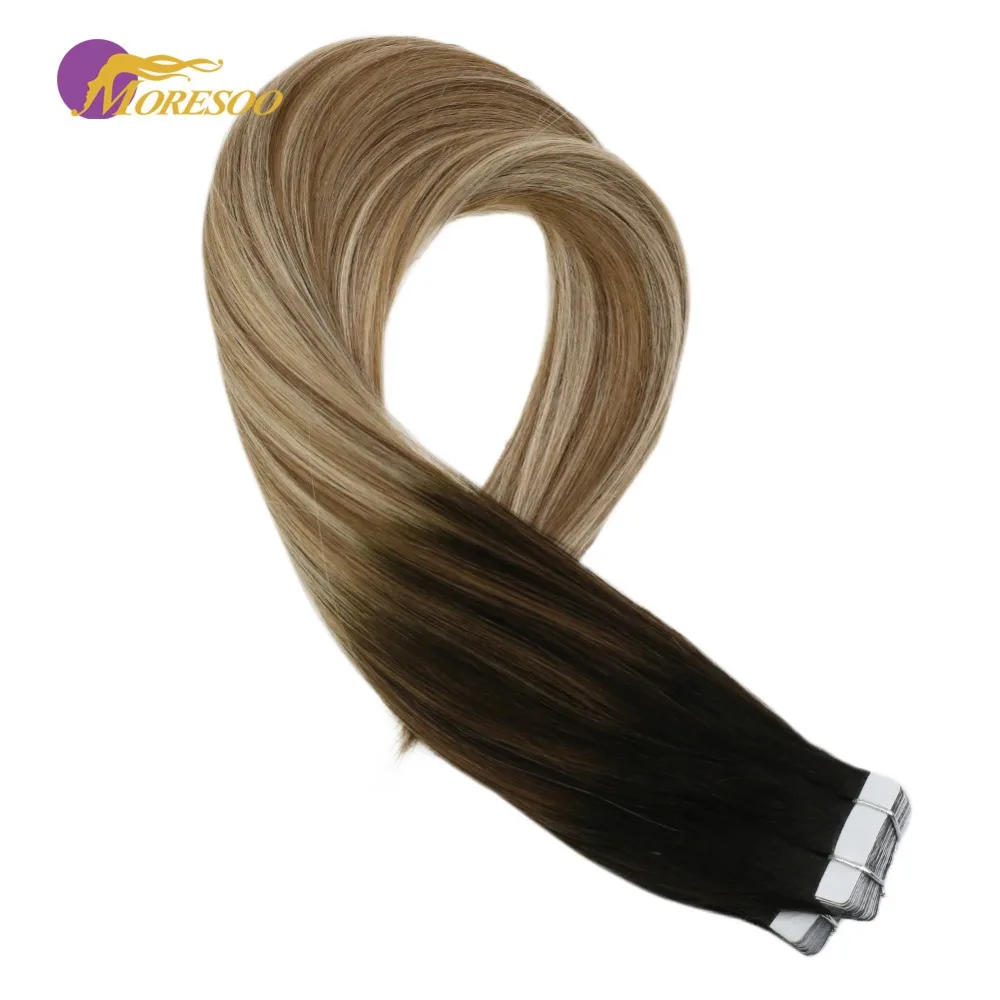 

Moresoo Tape In Hair Extensions Off Black #1B Fading to Brown #8 with #27 Remy Human Hair Skin Weft Tape in Hair 20PCS 50G