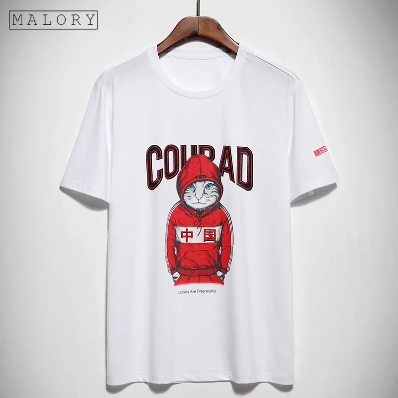 

MALORY 100% cotton short sleeve t shirt Fashion CAT & Chinese words print 2019 summer holiday style tshirt O-Neck men t-shirt