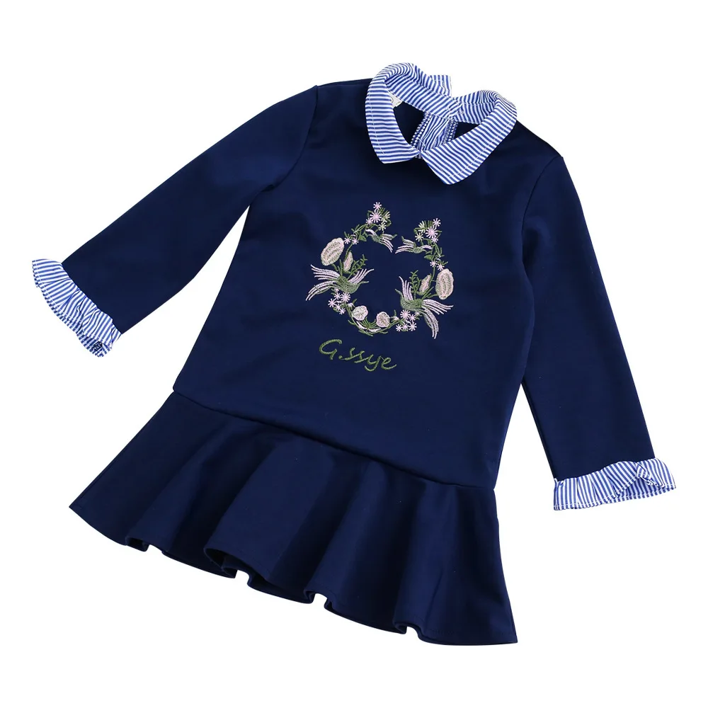 

WLG girls spring dresses kids girl floral embroidery dark blue party dress baby ruffle patchwork clothes children 2-6 years