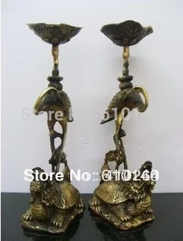 

0000038 a pair Collection old China Turtle Crane Candlestick Bronze Statue