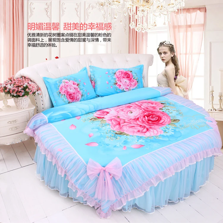 

LIGHT BLUE PINK RUFFLE ROUND BED Bedding sets SUPER king Queen size Cotton Round SWEET HOME Duvet cover pillow case Bedskirt Set