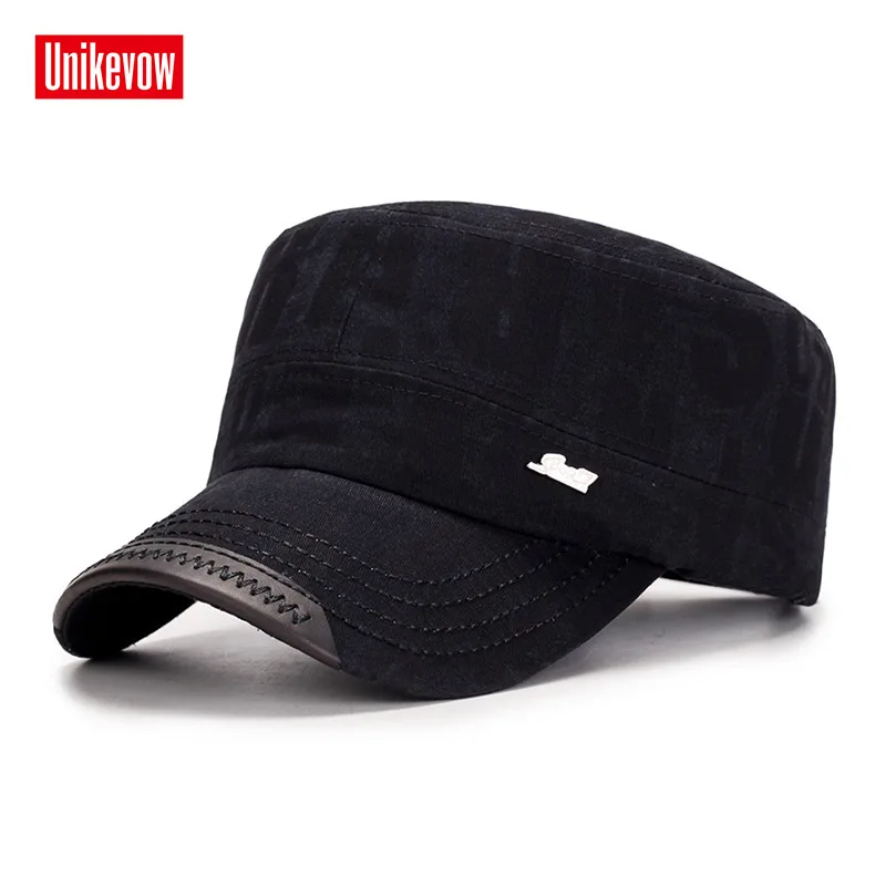 

UNIKEVOW Cotton Army Baseball Cap Letter washed Flat top Hat for men Military cap with iron logo sport cap
