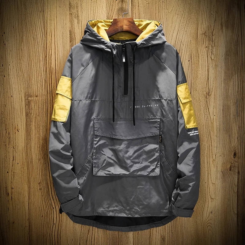 Men's Bomber Jacket Teen Top Jackets for Men Streetwear Coat Mens Jackets and Coats Autumn Patchwork Large Pocket Hooded Jacket