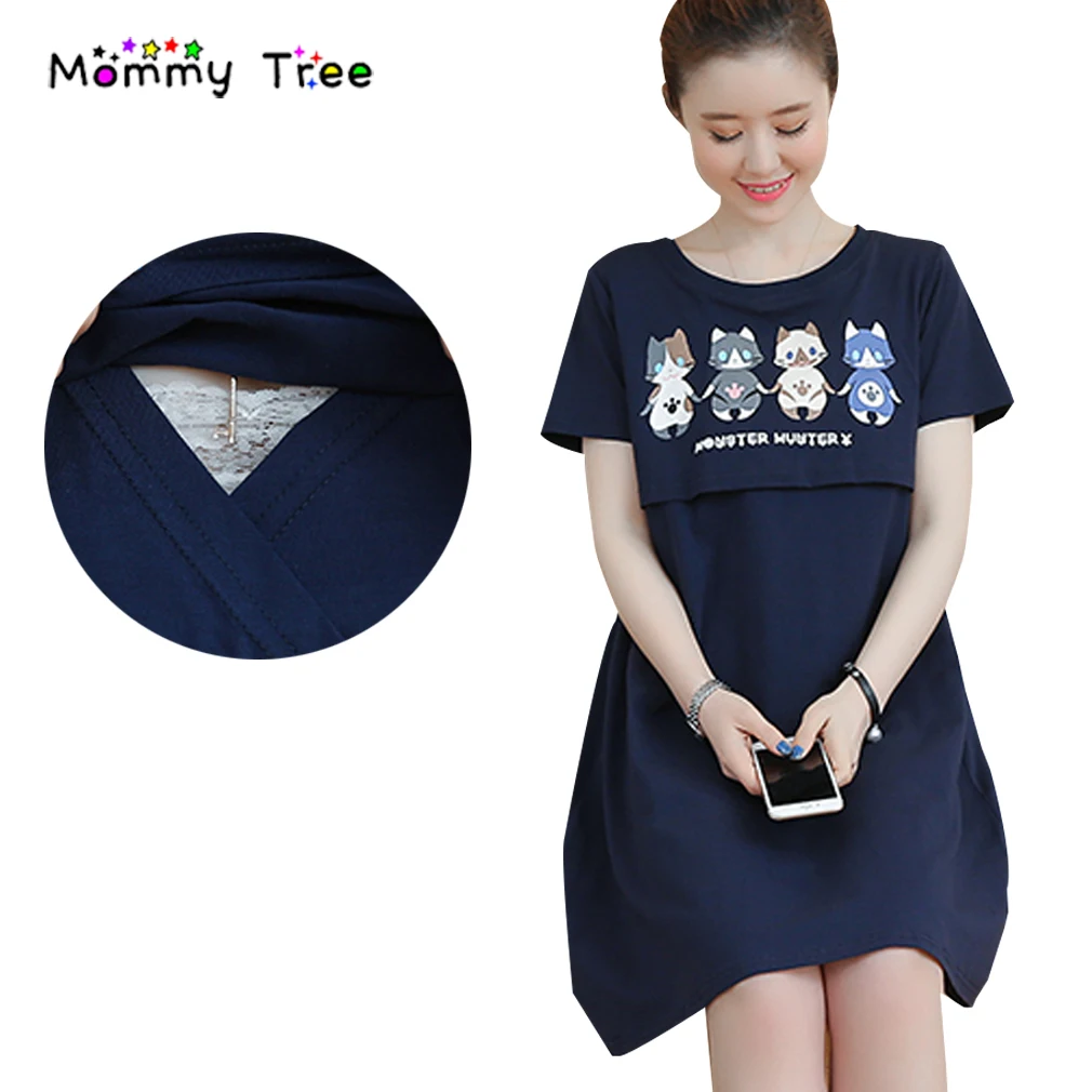 Cotton Cat Print Nursing Clothes Cute Maternity Shirt Dress for Breastfeeding 2017 Summer Pregnancy Clothing for Pregnant Women