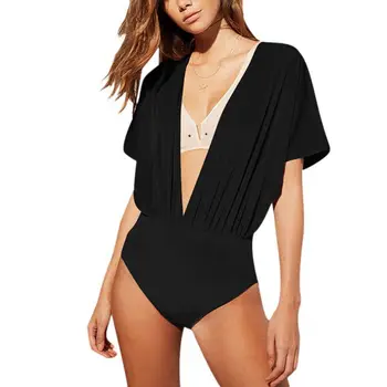 

2019 Women Fashion Simple Velvet Short Sleeve Rompers Sexy Deep V Neck Bodysuits