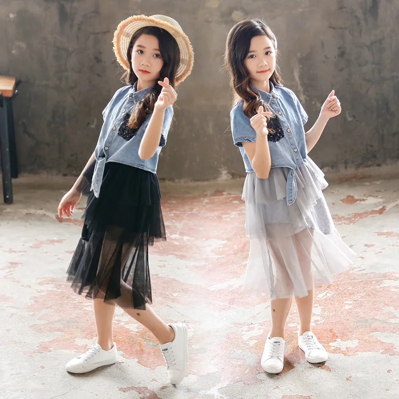 Fashion Girls Clothes Sets Summer Kids Denim Coats Top And Strap Dress Set Children Clothing Teens Girl Coats Sequin Dress Suit (9)